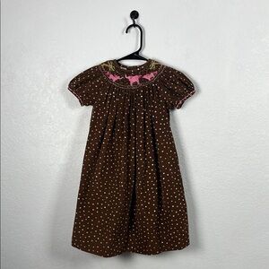 Girl’s Brown Polka Dot Pink Elephants Dress Bishop Smocked Sz 4T Embroidered